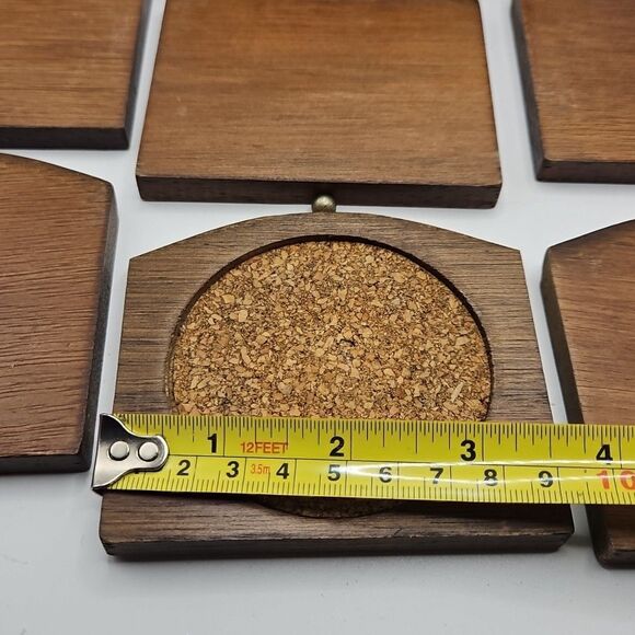 Vintage Mid-Century Modern Wooden Coaster Set of 8 with Holder Bronze Handle - Picture 16 of 16